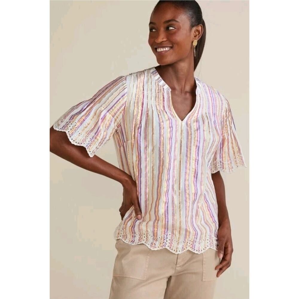 SOFT SURROUNDINGS Ciel Metallic Stripe Scalloped Eyelet Embroidered Top 2 XL NWT